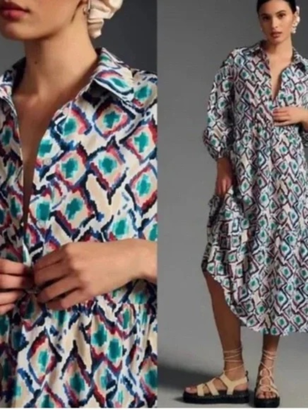 Anthropologie The Bettina Tiered Midi Maxi Shirt Dress Beige Multi Combo Large